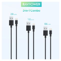 Picture of Ravpower USB to Lightning 3 Pack 1x 0.6m|1x 1m|1x 2m Cable - Black